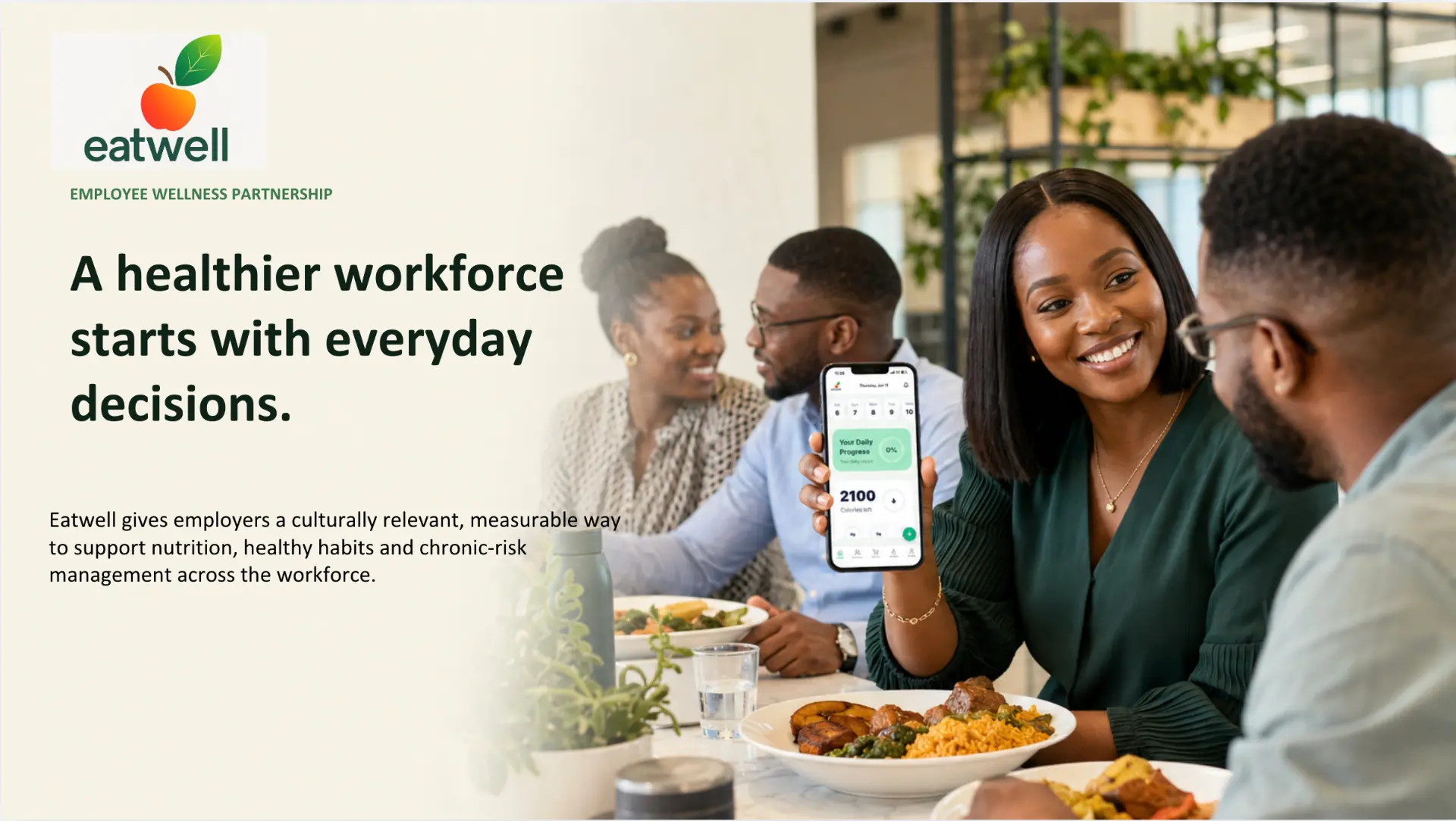 Eatwell Employee Wellness Partnership — colleagues sharing a meal while one holds up the Eatwell app showing Daily Progress
