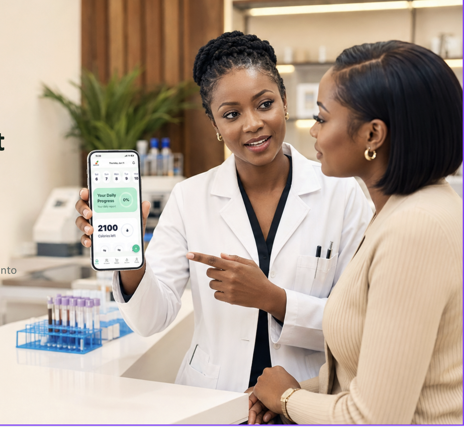 A lab technologist in a white coat showing a patient the Eatwell Daily Progress screen beside a rack of purple-capped blood collection tubes
