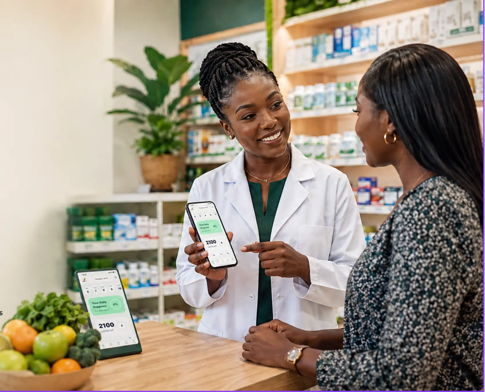 A pharmacist in a white coat and a customer reviewing the Eatwell Daily Progress screen together across a pharmacy counter