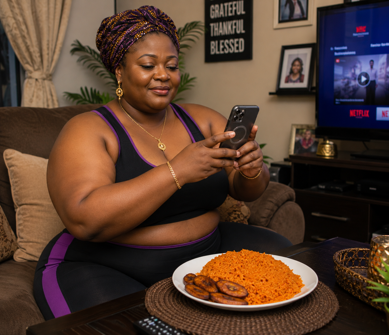 A woman photographing her plate of jollof rice and plantain with her phone
