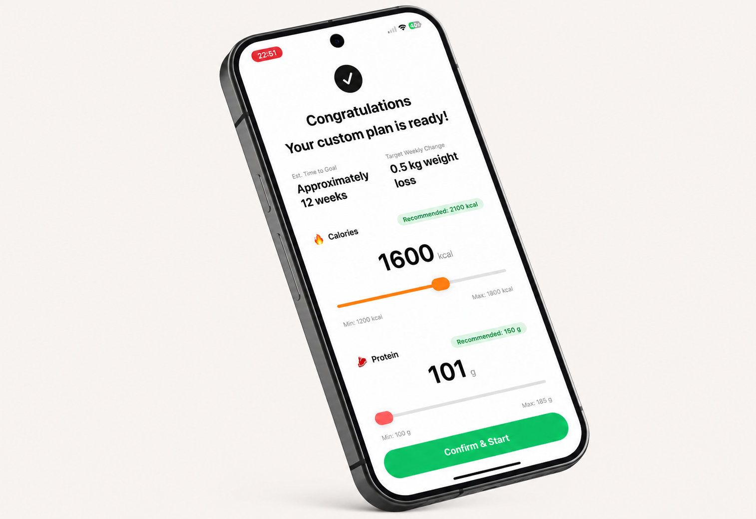 Eatwell custom plan screen with calorie and protein targets