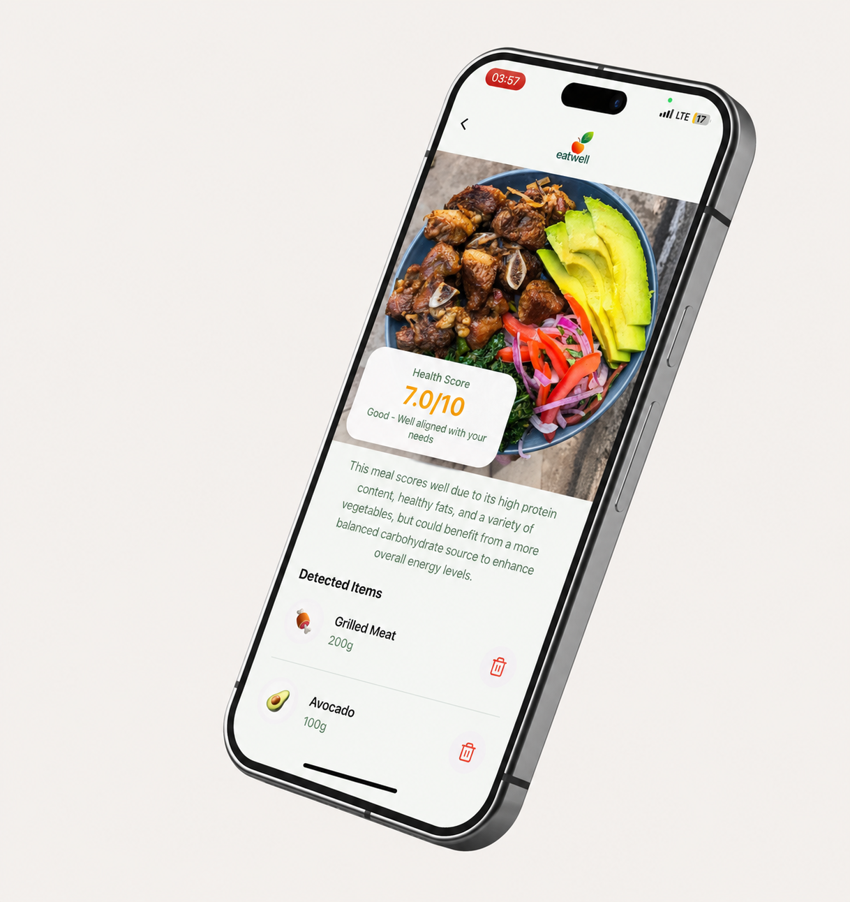Eatwell scan result showing a health score and detected items for a meal